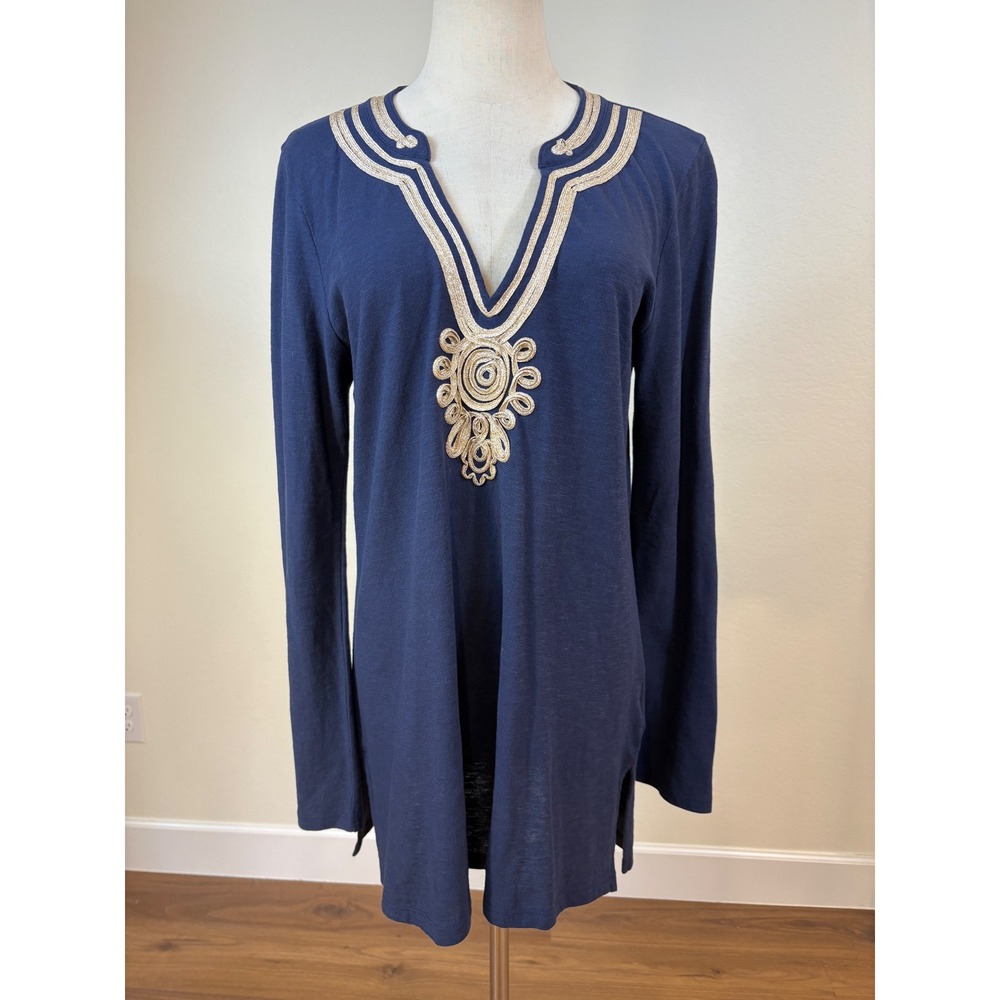 Lily Pulitzer knit Tunic Top L Blue metallic soutache embroidery resort travel